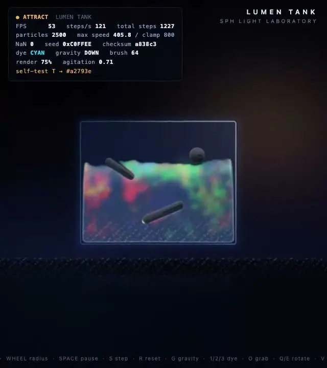 Kimi K3 on Lumen Tank — fluid simulation