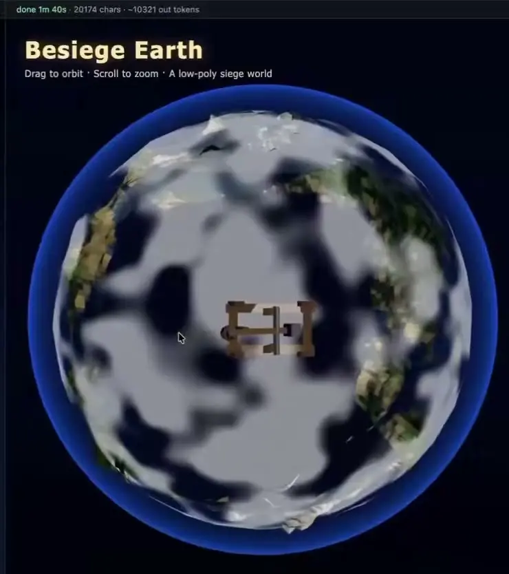 Claude Opus 4.8 on Besiege Earth — low-poly planet in one HTML file