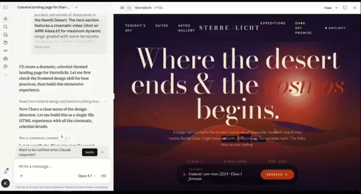 Claude Opus 4.7 on Sterrelicht — a stargazing lodge landing page, in one prompt